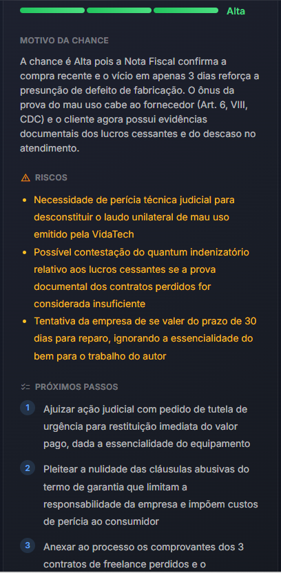Tela mobile do Actori — Estratégia Jurídica com riscos e próximos passos